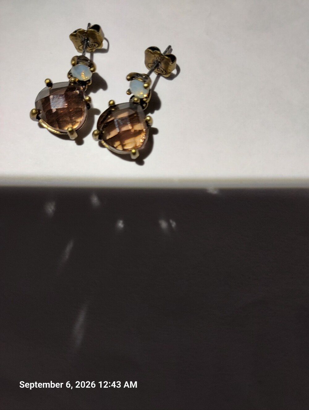 Vintage Avon Bronze-Tone Brown Teardrop & Opal Accent Drop Earrings